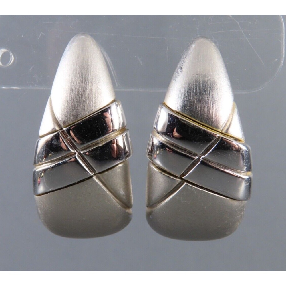 VTG NAPIER SILVER TONE EARRINGS Satin & Shiny Tones SEMI-J-HOOPS Diagonal Lines